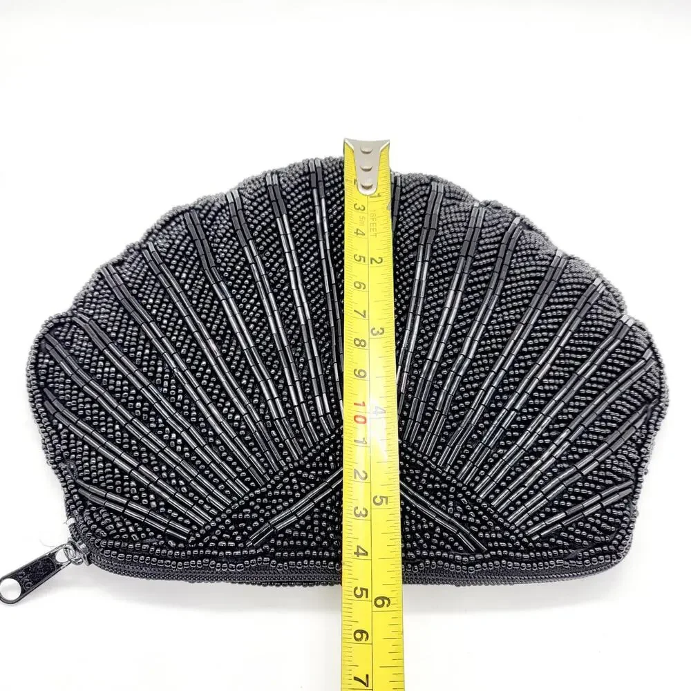 Vintage Seashell Silhouette Beaded Zip Closure Clutch Mini Bag Elegant Cocktail